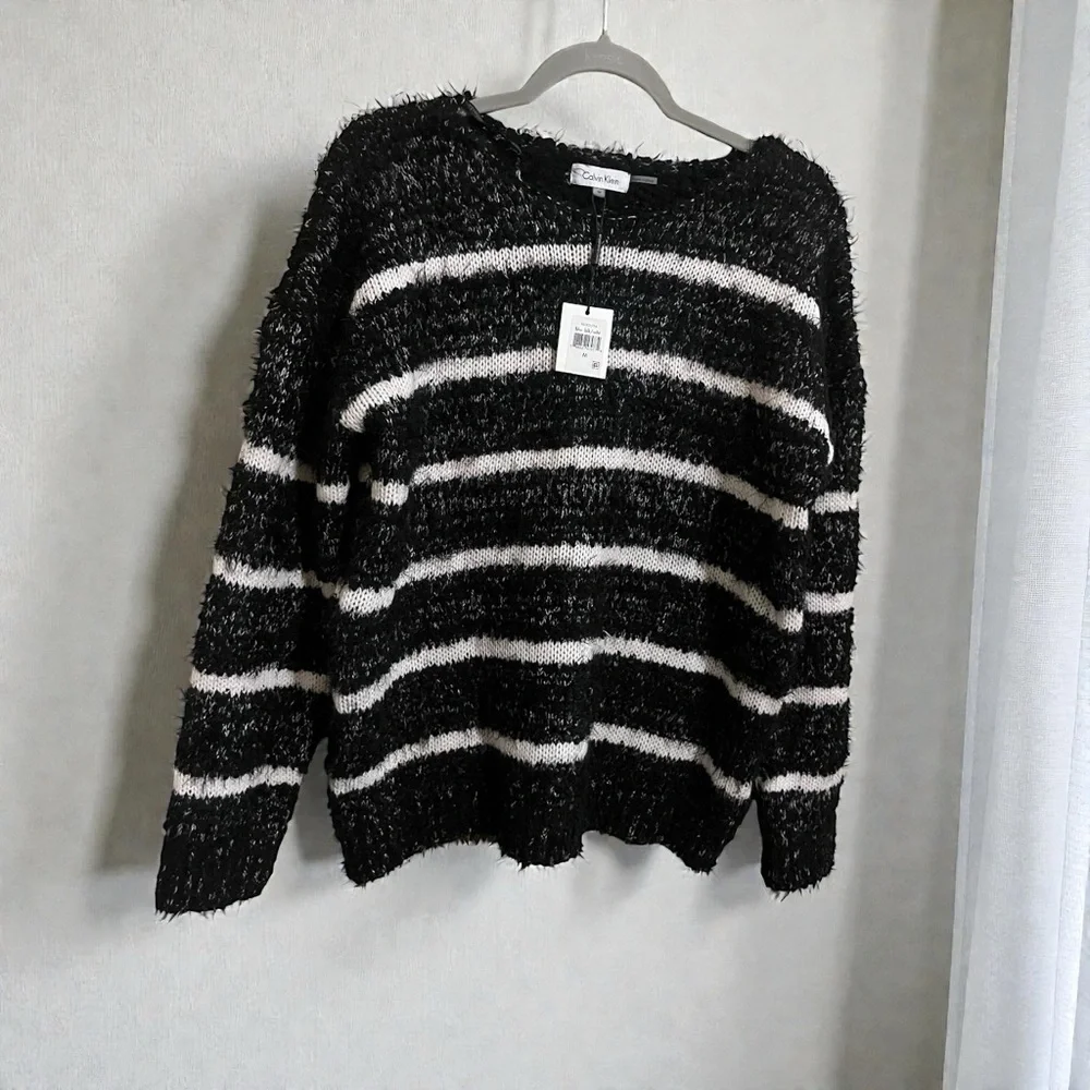 Calvin Klein NWT Black White Striped Super Soft Fuzzy Sweater Size Medium